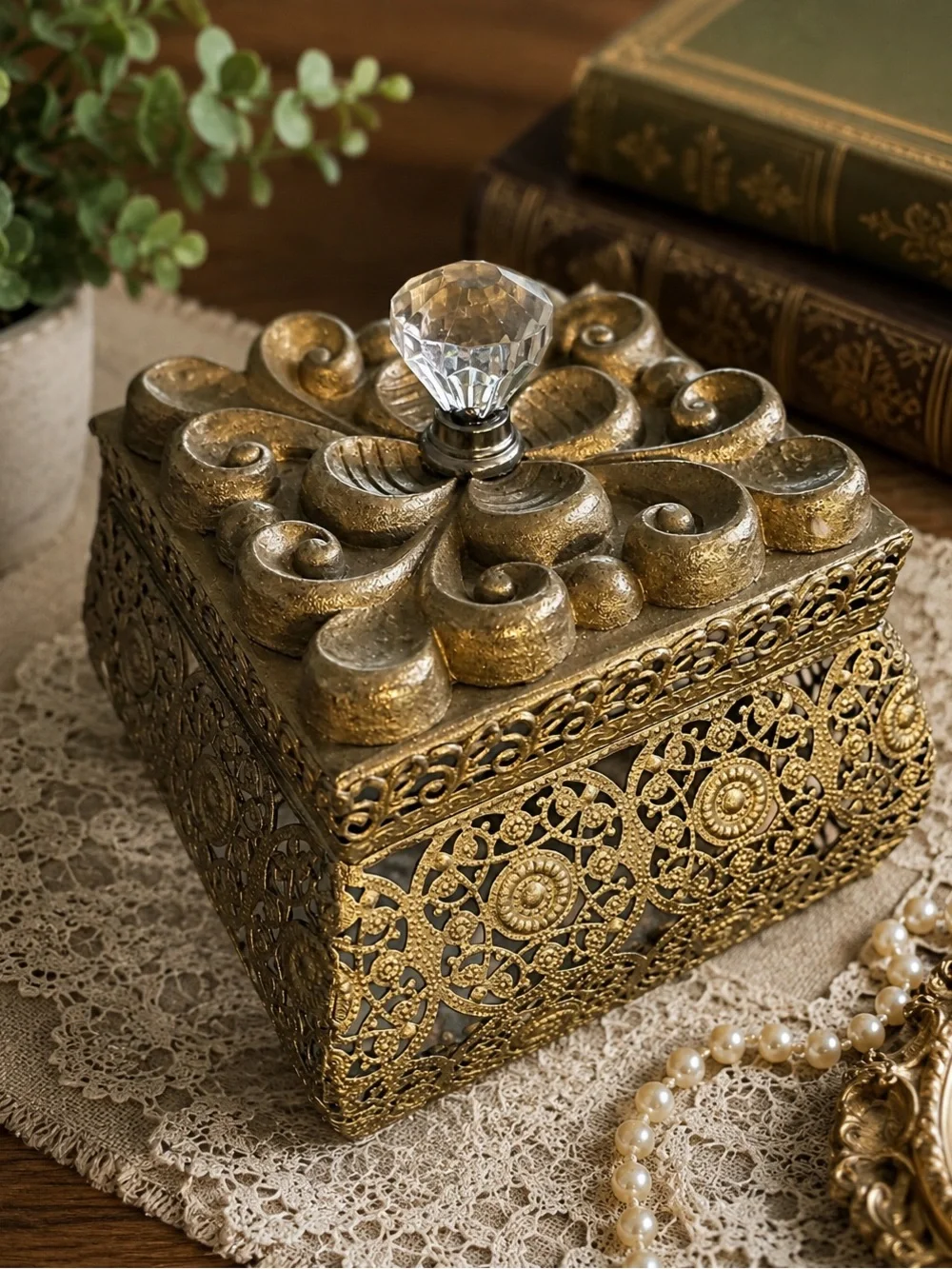 Decorative Gold Filigree Jewelry Box with Crystal Knob